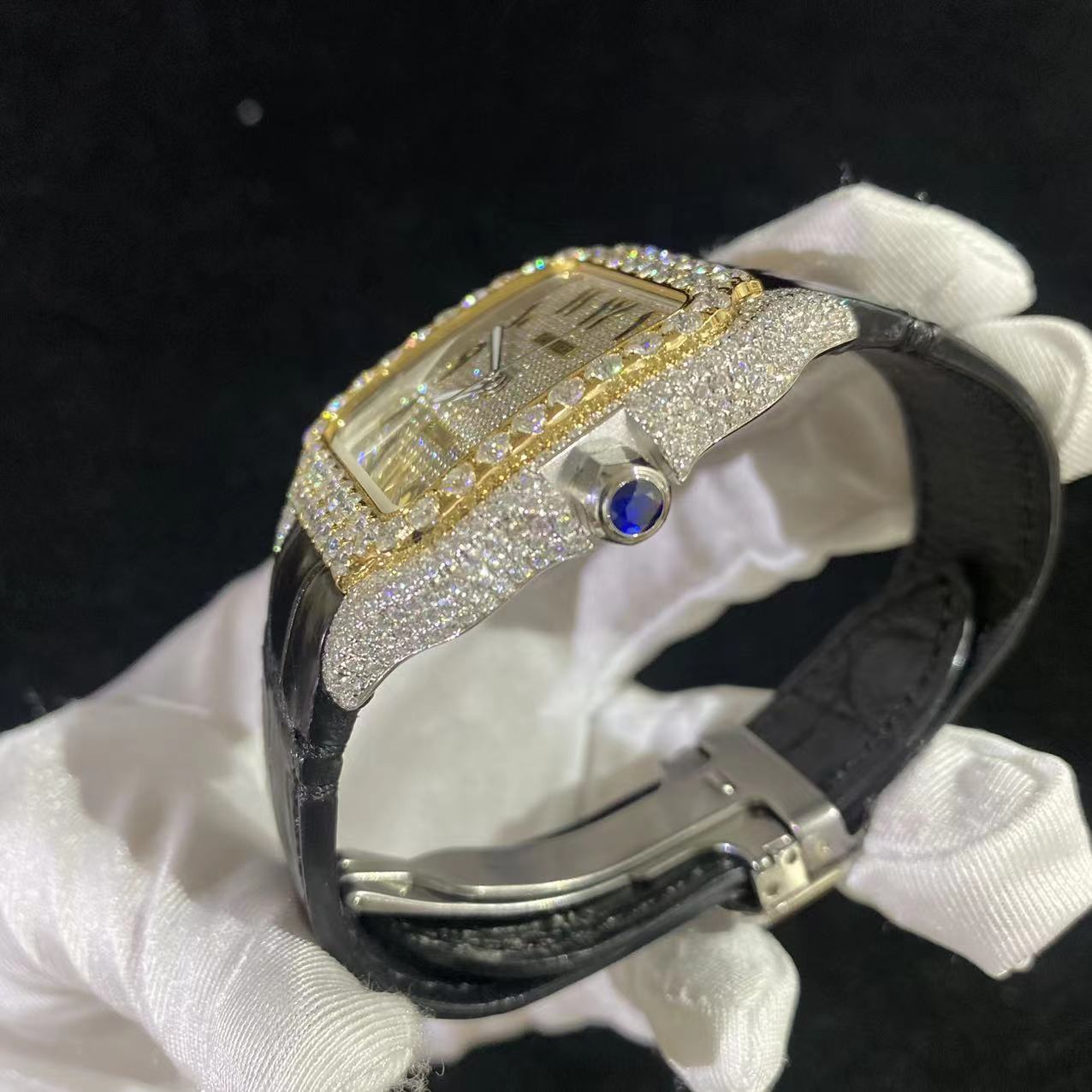 Black Strap Moissanite Cartier Santos WSSA0039 - Premium Aftermarket Luxury